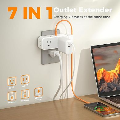 20W PD Surge Protector - 4 AC + 3 USB Ports (1 USB C) - Multi-Plug Expander: Home/Office/Dorm