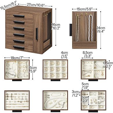 6-Tier Wooden Jewelry Box, Jewelry Case with Side Transparent Window, Creative Gift