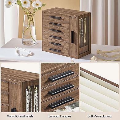 6-Tier Wooden Jewelry Box, Jewelry Case with Side Transparent Window, Creative Gift