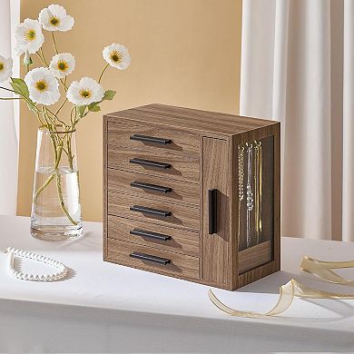 6-Tier Wooden Jewelry Box, Jewelry Case with Side Transparent Window, Creative Gift