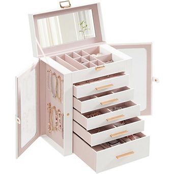 6-Layer Jewelry Organizer Box with Glass Windows,Mirror,Large Capacity Jewelry Case,Vertical Storage