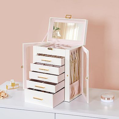 6-Layer Jewelry Organizer Box with Glass Windows,Mirror,Large Capacity Jewelry Case,Vertical Storage