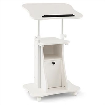 Adjustable Rolling Standing Desk with Tilting Top and Storage Cabinet-White