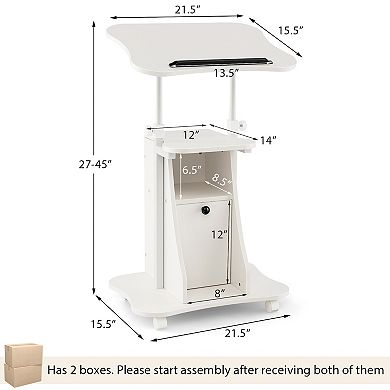 Adjustable Rolling Standing Desk with Tilting Top and Storage Cabinet-White