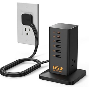 USB C PD 65W 9-in-1 Charger - 3 AC + USB Ports for iPhone 16/15, MacBook - Home/Travel/Office
