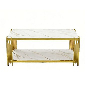 Modern Luxury Coffee Table with Tempered Stone Top, 43.3" Rectangle Center Table for Living Room