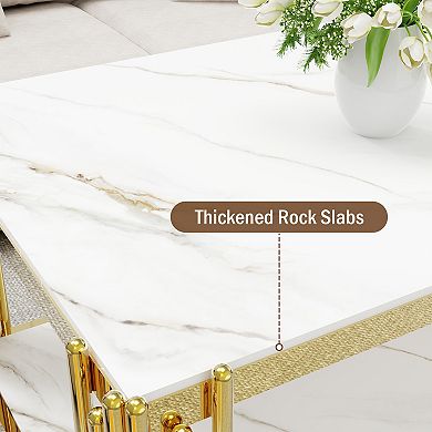 Modern Luxury Coffee Table with Tempered Stone Top, 43.3" Rectangle Center Table for Living Room