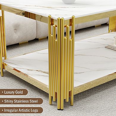 Modern Luxury Coffee Table with Tempered Stone Top, 43.3" Rectangle Center Table for Living Room