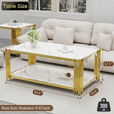 Modern Luxury Coffee Table with Tempered Stone Top, 43.3" Rectangle Center Table for Living Room