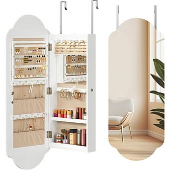 Wide Jewelry Cabinet, LED Jewelry Organizer Wall/Door Mounted, Hanging Jewelry Cabinet Mirror