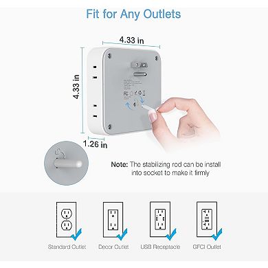 Multi Plug Extender - 8 Wide AC + 4 USB - Surge Protector (White/Grey) - Home/Kitchen/Office/Dorm