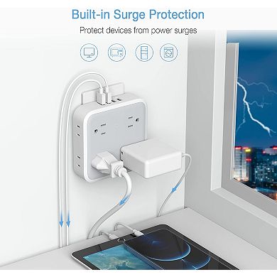 Multi Plug Extender - 8 Wide AC + 4 USB - Surge Protector (White/Grey) - Home/Kitchen/Office/Dorm