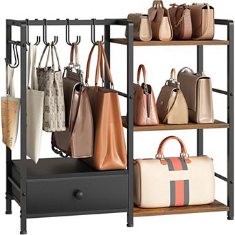 3 tier Purse Organizer with 6 Hooks, Floor Standing Handbag Storage Rack with Drawer