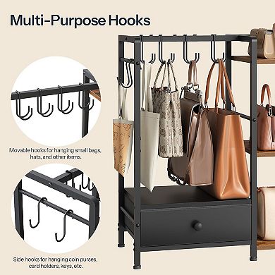 3-Tier Purse Organizer with 6 Hooks, Floor Standing Handbag Storage Rack with Drawer