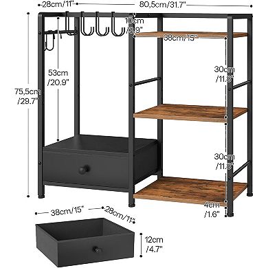 3-Tier Purse Organizer with 6 Hooks, Floor Standing Handbag Storage Rack with Drawer