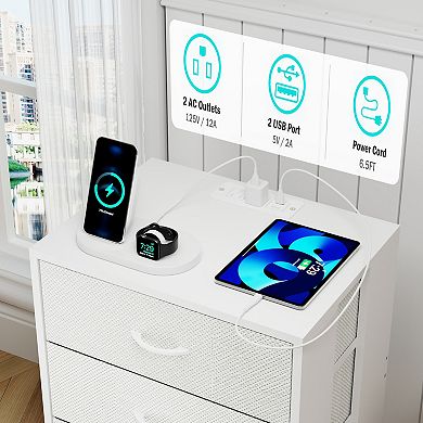 2 Pack Modern Nightstand with Charging Station,Bedside Tables with LED Light and 3 Fabric Drawers