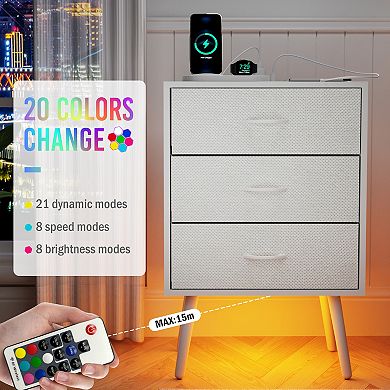 2 Pack Modern Nightstand with Charging Station,Bedside Tables with LED Light and 3 Fabric Drawers