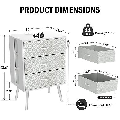 2 Pack Modern Nightstand with Charging Station,Bedside Tables with LED Light and 3 Fabric Drawers
