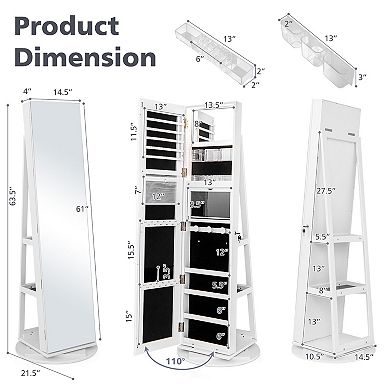 360° Rotating Mirrored Jewelry Cabinet Armoire 3 Color LED Modes Lockable