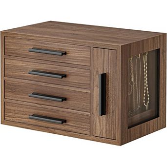 4-Layer Wooden Jewelry Box with Transparent Window, for Earrings, Necklaces, Rings