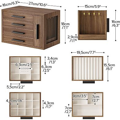 4-Layer Wooden Jewelry Box with Transparent Window, for Earrings, Necklaces, Rings