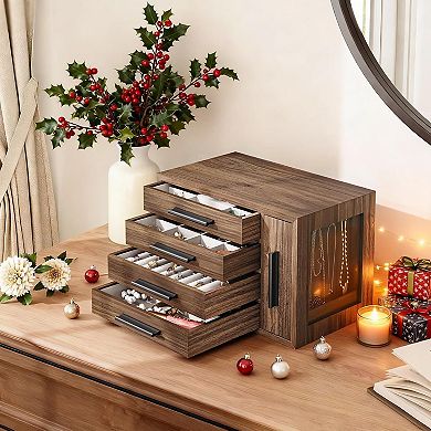 4-Layer Wooden Jewelry Box with Transparent Window, for Earrings, Necklaces, Rings