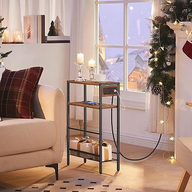 Small Narrow Side Table with Charging Station, USB Ports Outlet,Storage Shelf
