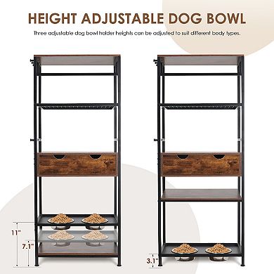 ELEMENT ACE Height Adjustable Pet Feeding Station with Storage Shelves and Stainless Steel Bowls
