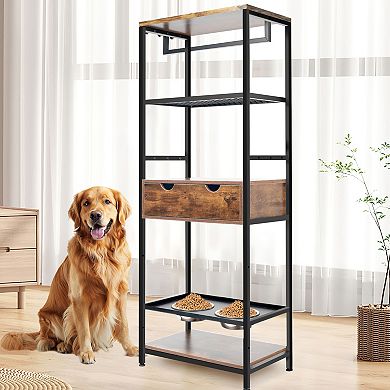 ELEMENT ACE Height Adjustable Pet Feeding Station with Storage Shelves and Stainless Steel Bowls