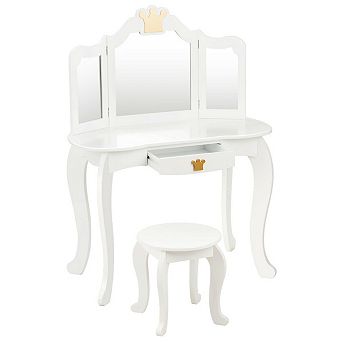 Kids Makeup Dressing Table with Tri Folding Mirror and Stool
