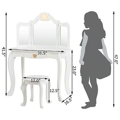 Kids Makeup Dressing Table with Tri Folding Mirror and Stool