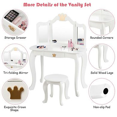 Kids Makeup Dressing Table with Tri Folding Mirror and Stool