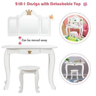 Kids Makeup Dressing Table with Tri Folding Mirror and Stool
