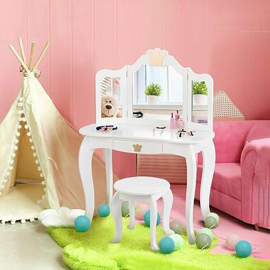 Kids Makeup Dressing Table with Tri Folding Mirror and Stool