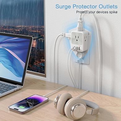 USB Multi Plug Splitter - 4 AC + 3 USB Chargers - Surge Protector - Home/Office/Dorm Expander