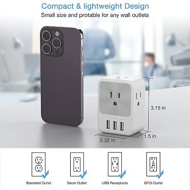 USB Multi Plug Splitter - 4 AC + 3 USB Chargers - Surge Protector - Home/Office/Dorm Expander