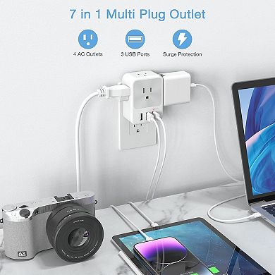 USB Multi Plug Splitter - 4 AC + 3 USB Chargers - Surge Protector - Home/Office/Dorm Expander