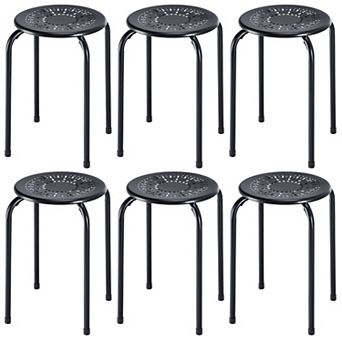 Set of 6 Stackable Round Metal Stools with Daisy Design Backless