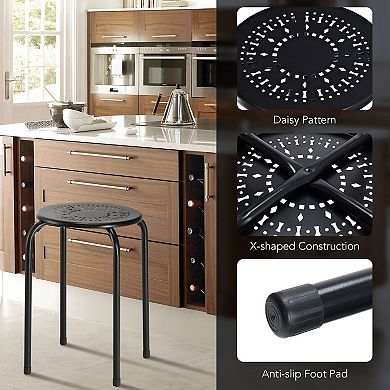 Set of 6 Stackable Round Metal Stools with Daisy Design Backless