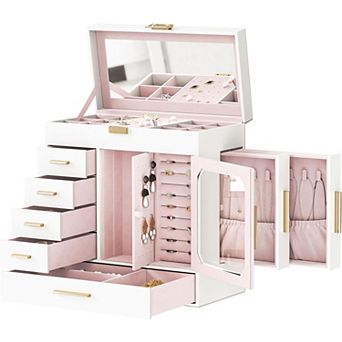 Jewelry Box with Mirror, Organizer with Capacious Storage Space, Holder, Hand-Held Case, Glass Cover