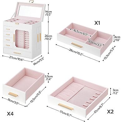 Jewelry Box with Mirror, Organizer with Capacious Storage Space, Holder, Hand-Held Case, Glass Cover