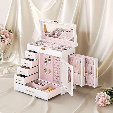 Jewelry Box with Mirror, Organizer with Capacious Storage Space, Holder, Hand-Held Case, Glass Cover