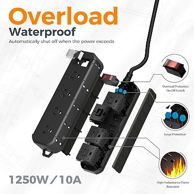 Outdoor Weatherproof Power Strip- 50ft Cord: 4 Outlets (1250W)- Shockproof/Overload - Wall-Mountable