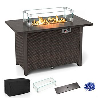 50000 BTU Propane Gas Fire Pit Table with Wind Guard and Glass Rocks