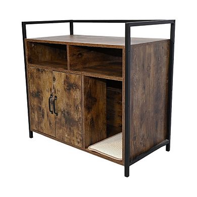 ELEMENT ACE Rustic Brown Wooden Cat Litter Box Enclosure Furniture with Scratching Mat