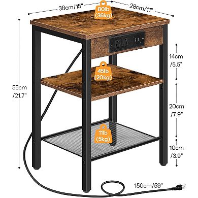3-Tier Side Table with Charging Station and USB Port,Adjustable Shelf, for Living Room, Bedroom