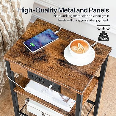 3-Tier Side Table with Charging Station and USB Port,Adjustable Shelf, for Living Room, Bedroom