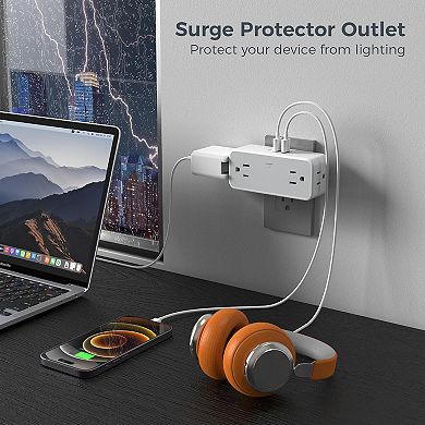 Multi Plug Extender - 4 Outlets + 3 USB (1 USB C) - 900J Surge Protector - Wide-Spaced