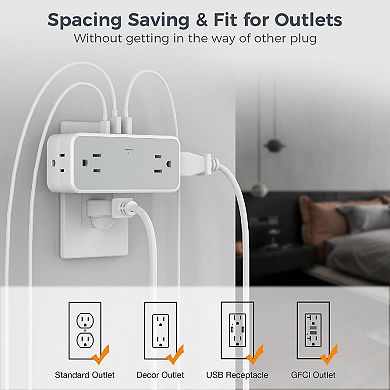 Multi Plug Extender - 4 Outlets + 3 USB (1 USB C) - 900J Surge Protector - Wide-Spaced