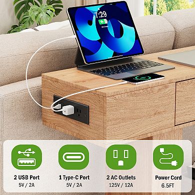 CEWOR Modern Farmhouse Console Table with Power Outlet, RGB LED Lights & 2 Drawers,Hallway Desk